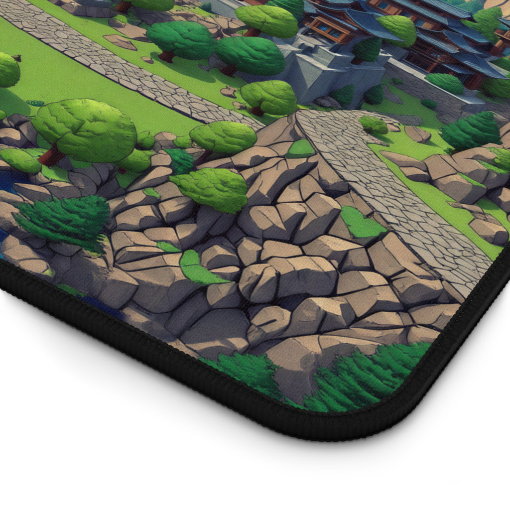 Scenic Asian Pagoda Landscape Desk Mat | Fantasy Mountain Village Mouse Pad