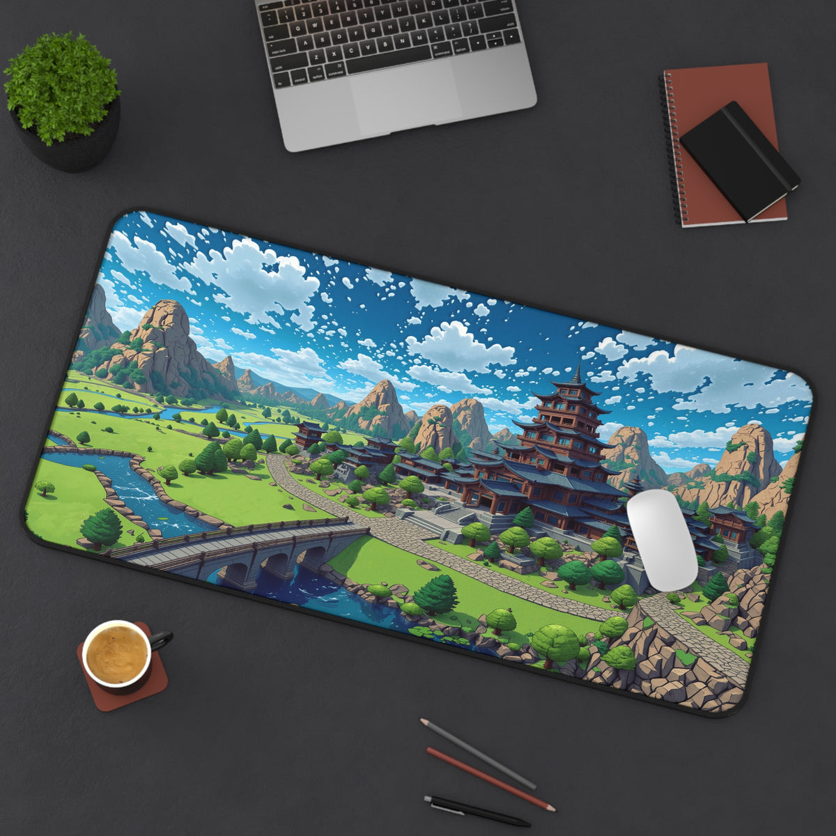 Scenic Asian Pagoda Landscape Desk Mat | Fantasy Mountain Village Mouse Pad