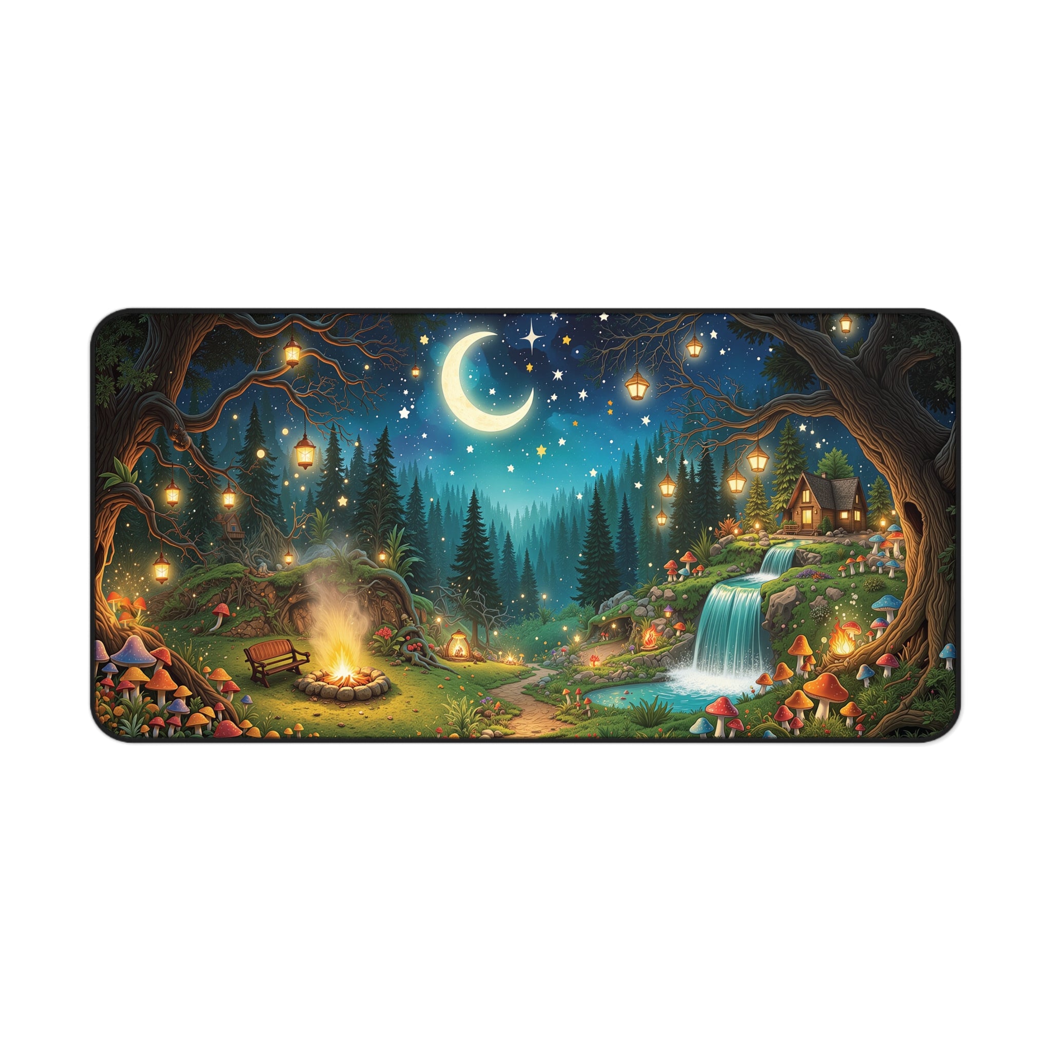 Midnight Camping Forest Desk Mat – Whimsical Nature Art
