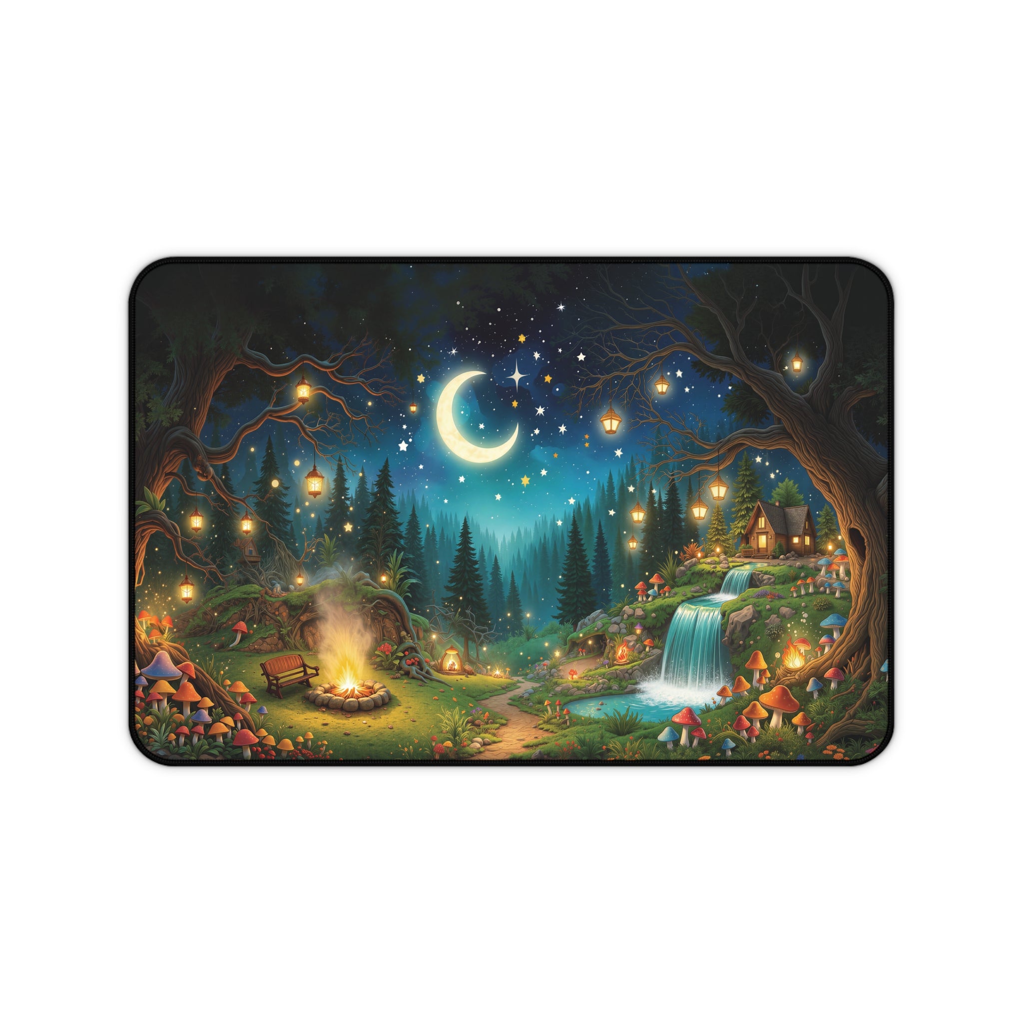 Midnight Camping Forest Desk Mat – Whimsical Nature Art