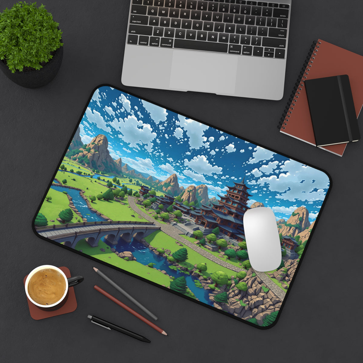 Scenic Asian Pagoda Landscape Desk Mat | Fantasy Mountain Village Mouse Pad