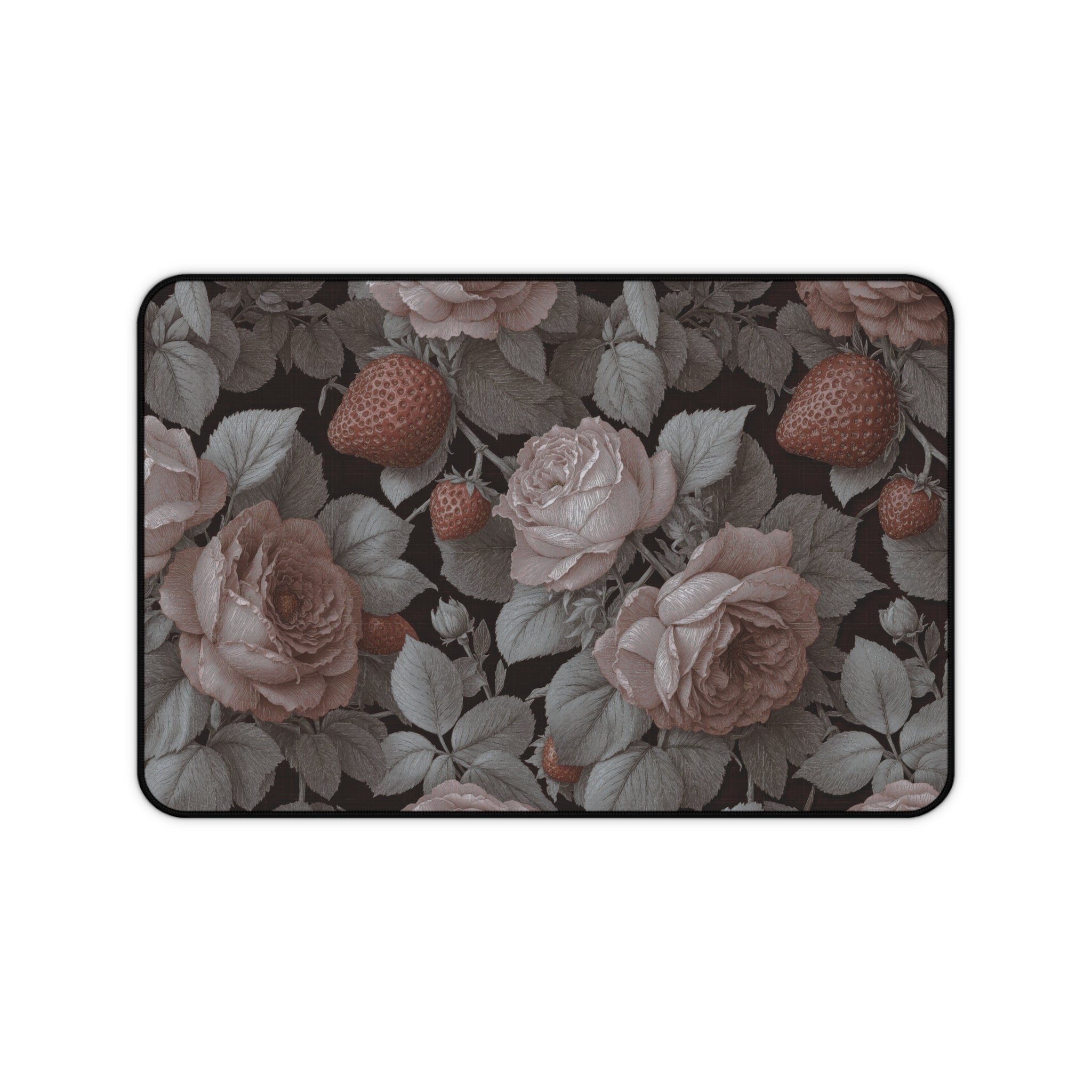 Cottagecore Strawberries & Rose Desk Mat – Vintage Floral Art
