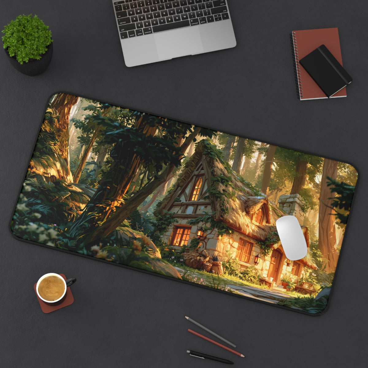 Cozy Forest Cottage Gaming Desk Mat – Woodland Home Office Large Mousepad