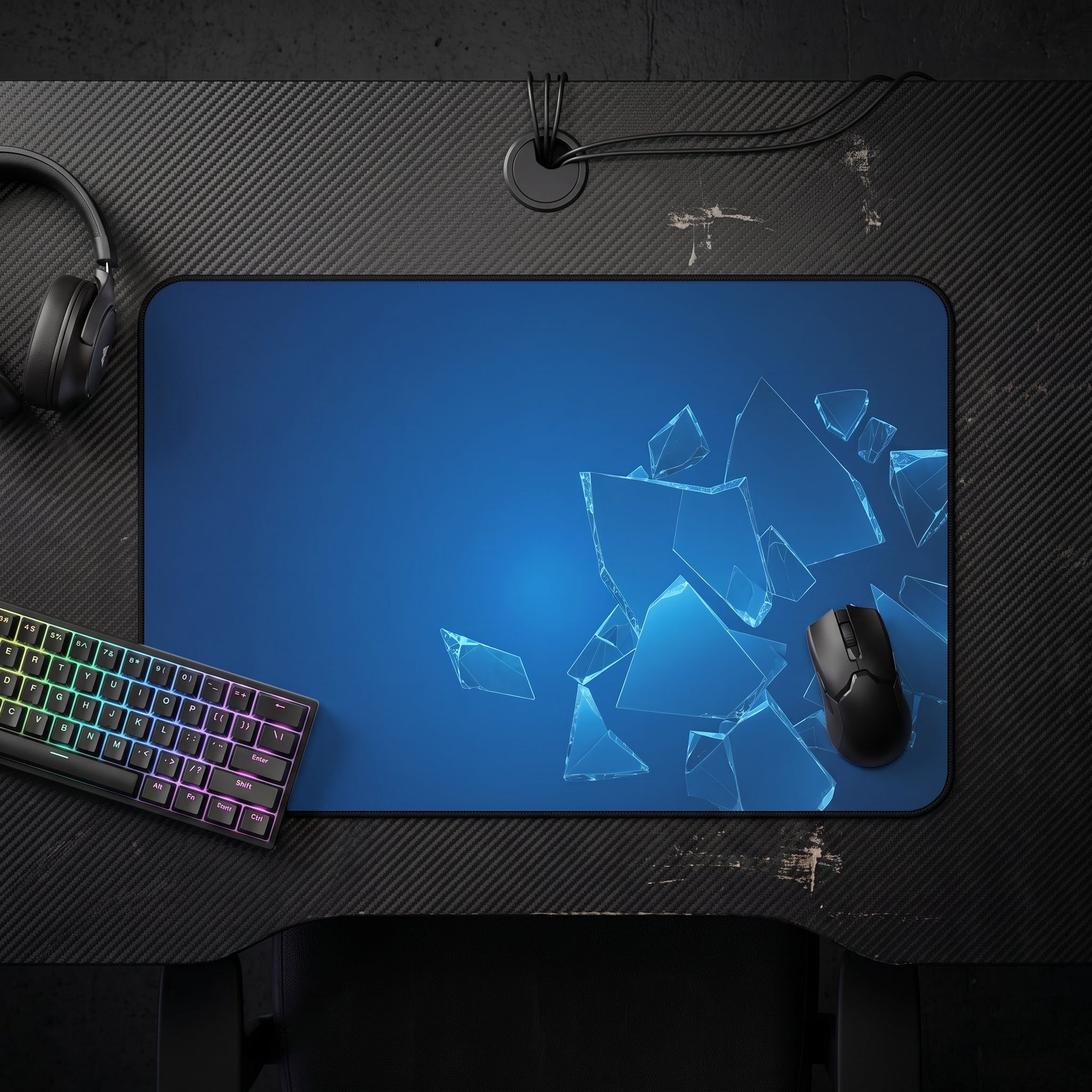 Blue Shattered Glass Desk Mat – Abstract Art