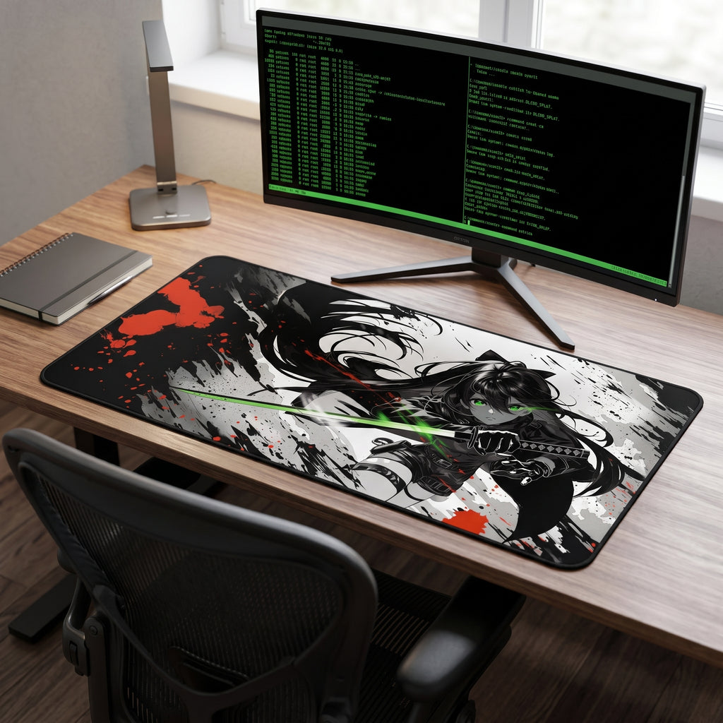 Katana Kunoichi Desk Mat – Neon Anime Ninja Art