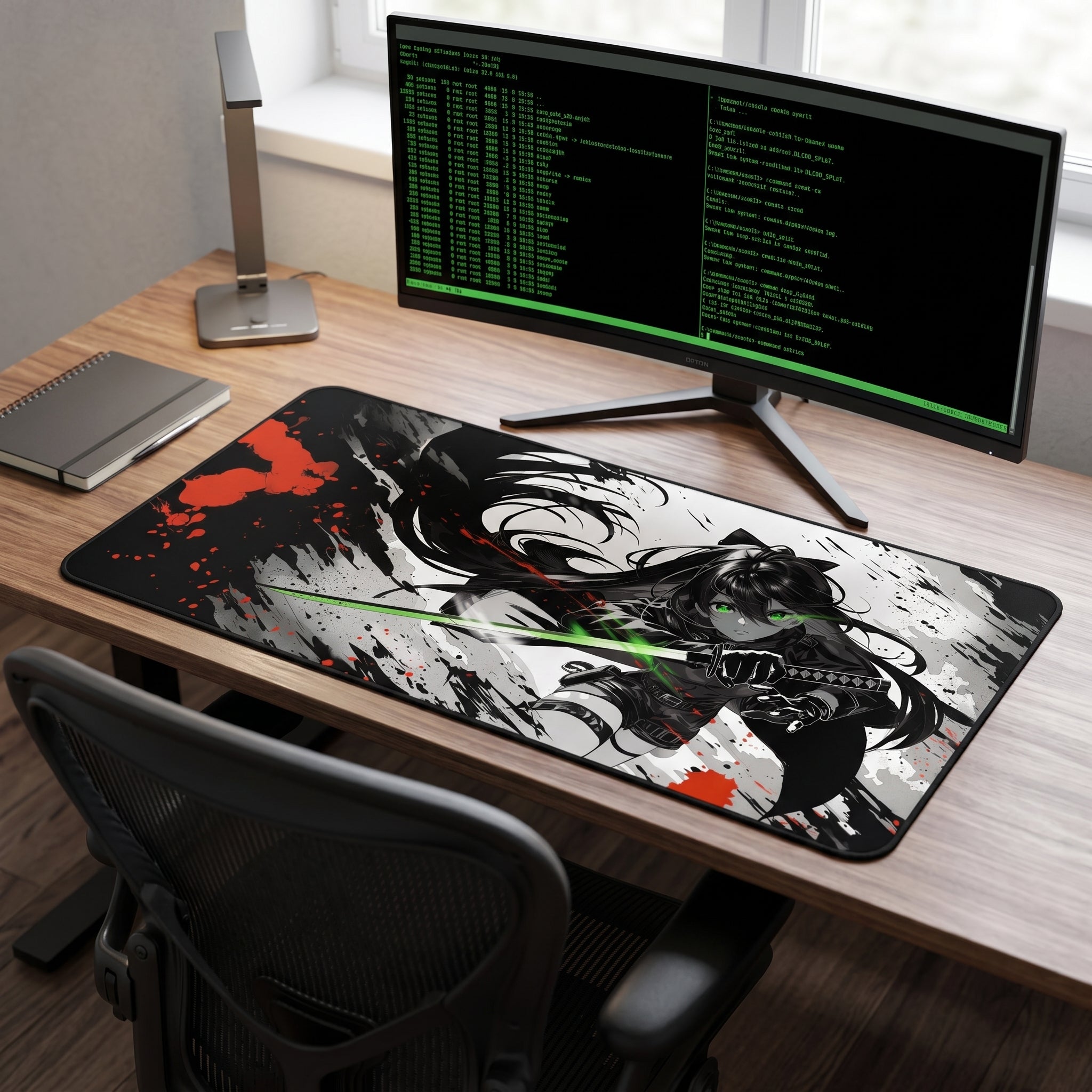 Katana Kunoichi Desk Mat – Neon Anime Ninja Art