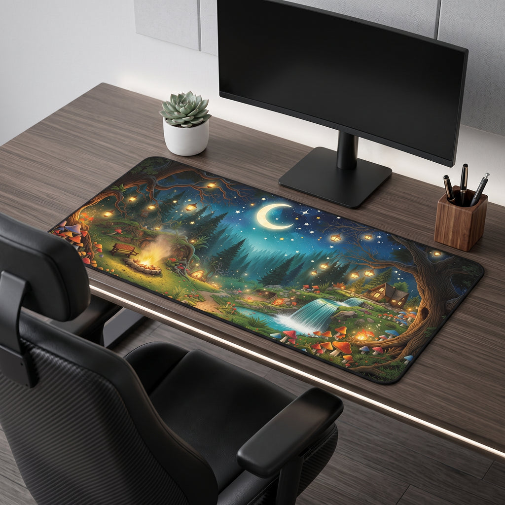 Midnight Camping Forest Desk Mat – Whimsical Nature Art