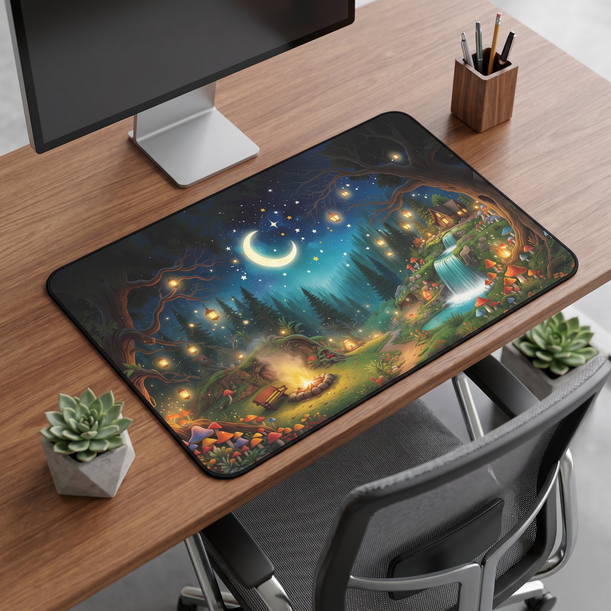 Midnight Camping Forest Desk Mat – Whimsical Nature Art
