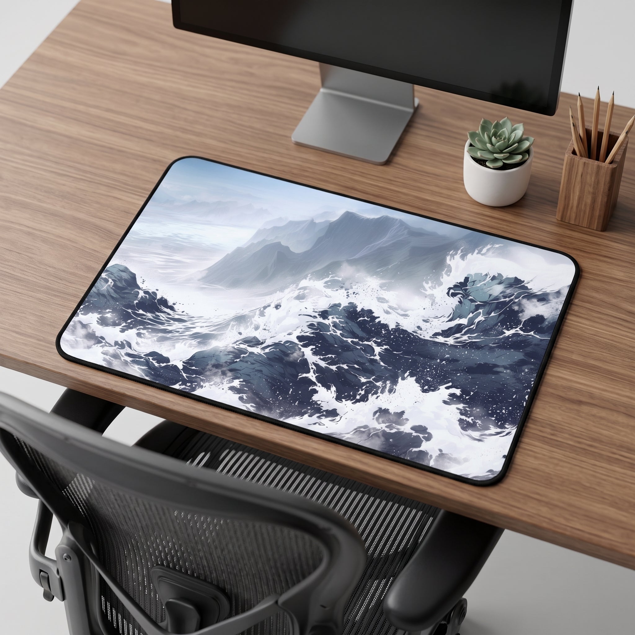Sumi-e Ink Ocean Wave Desk Mat – Japanese Brush Art