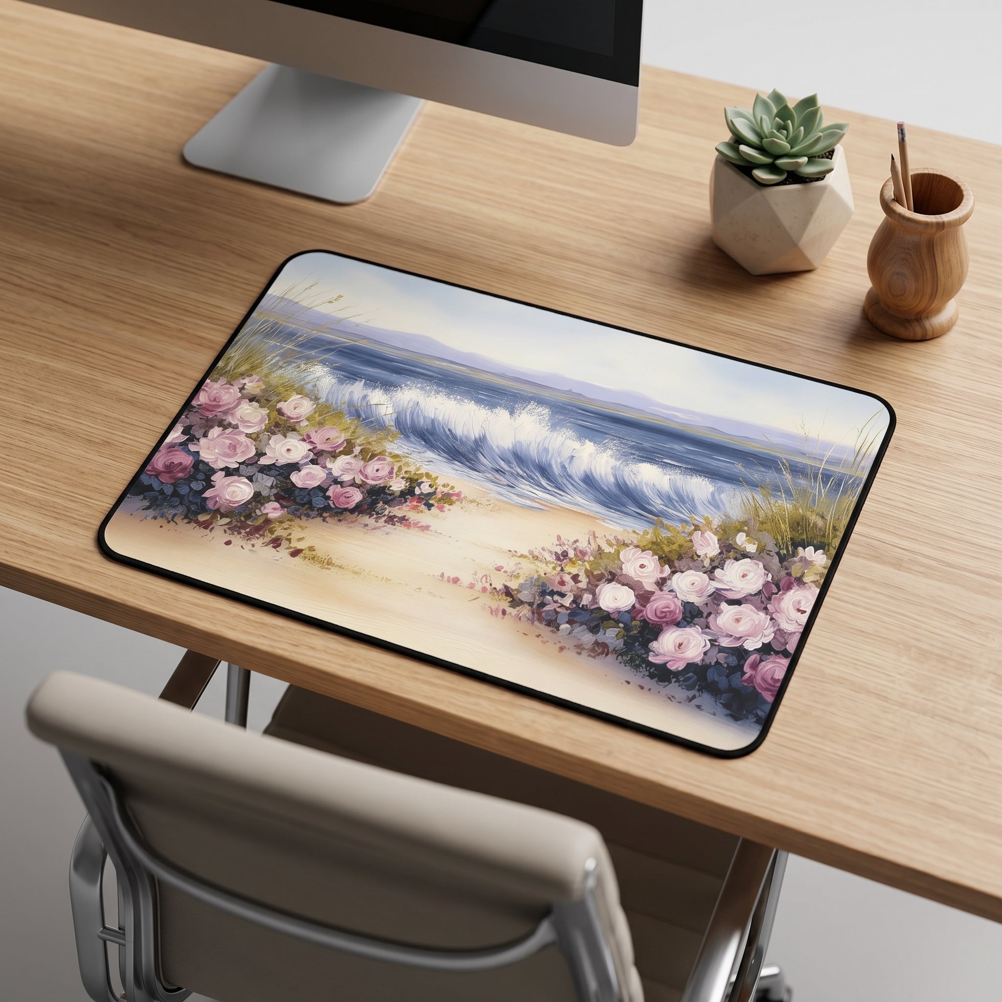Coastal Floral Ocean Wave Desk Mat – Botanical Art