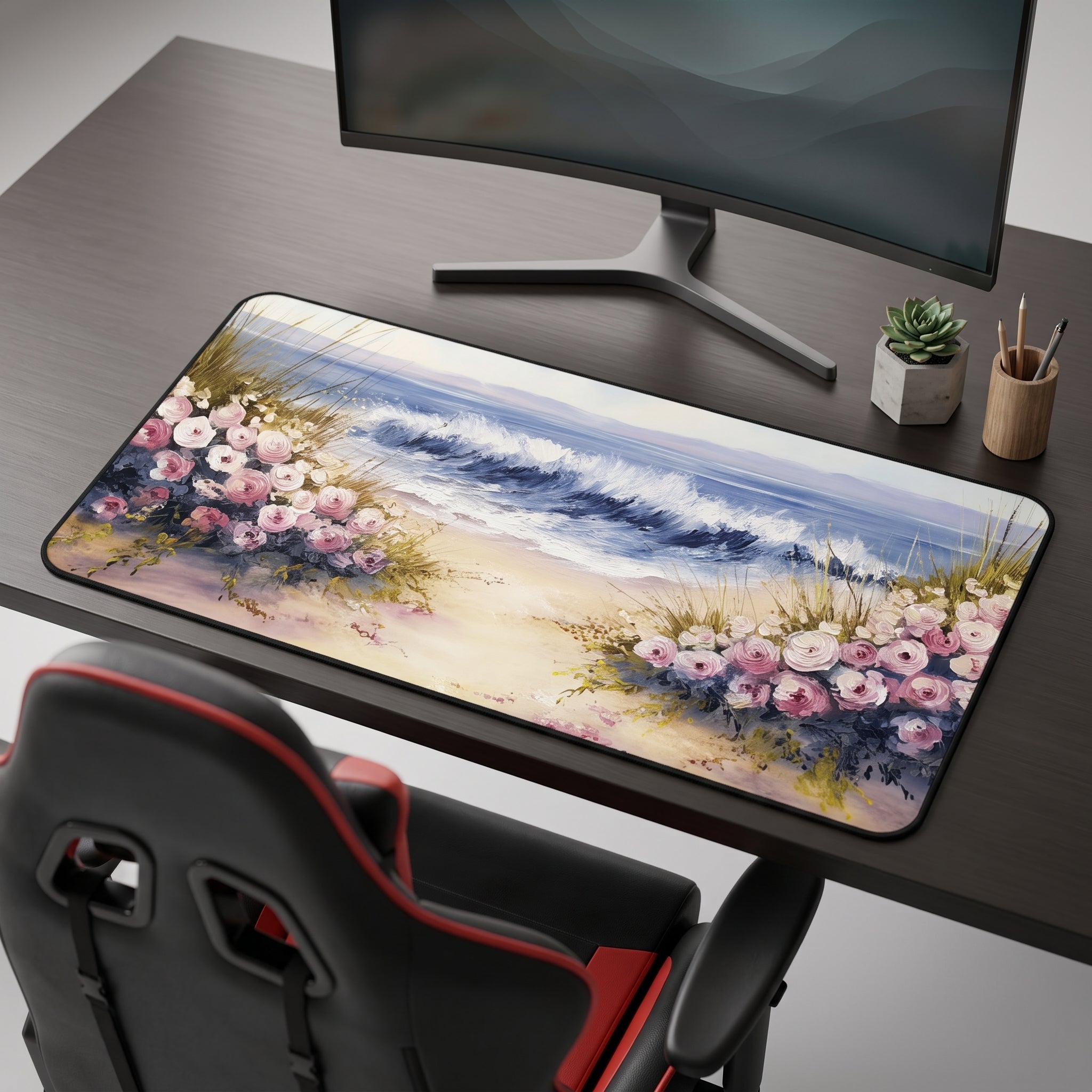 Coastal Floral Ocean Wave Desk Mat – Botanical Art