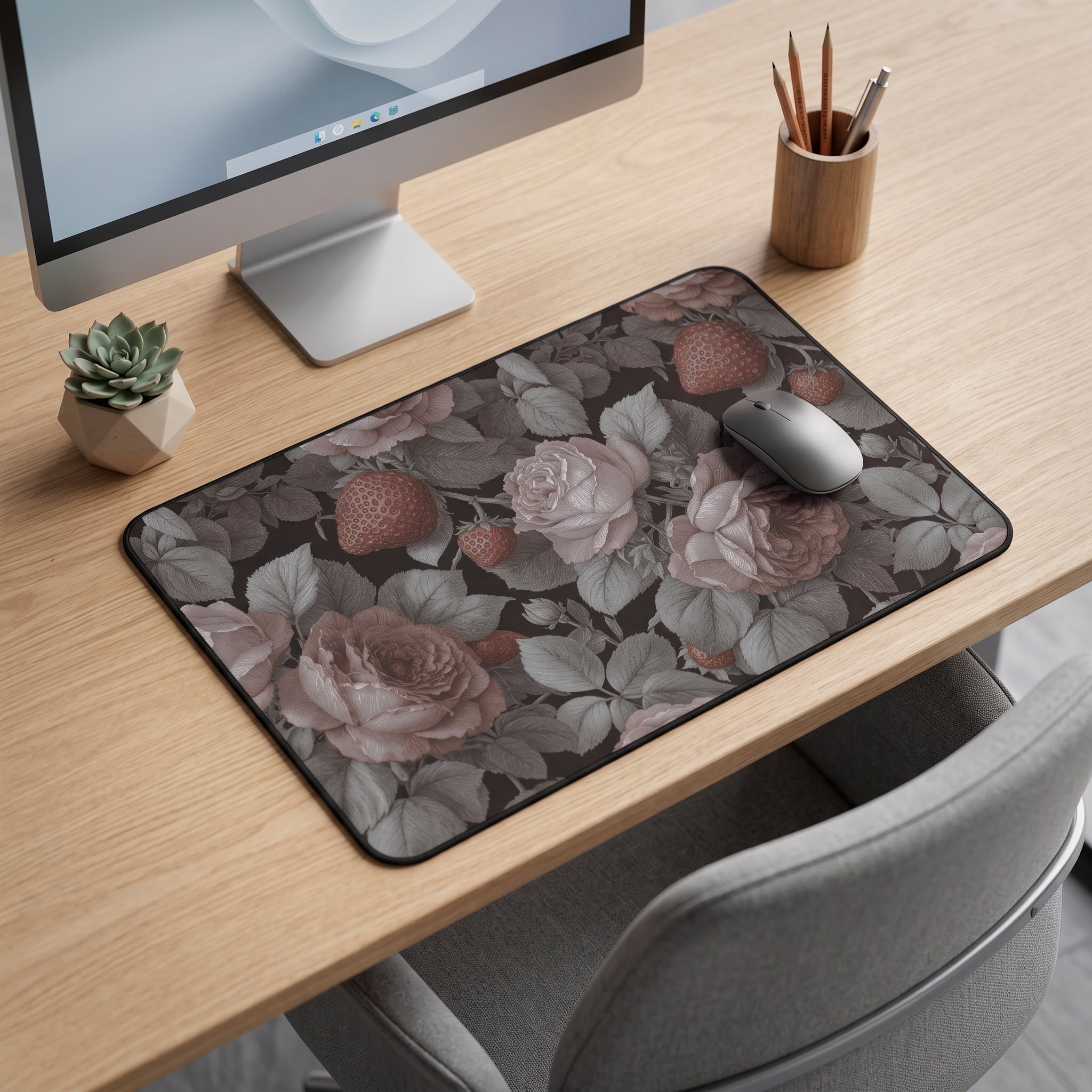 Cottagecore Strawberries & Rose Desk Mat – Vintage Floral Art