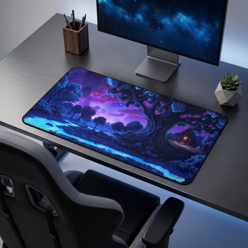 Enchanted Moonlit Forest Desk Mat – Fantasy Nature Art