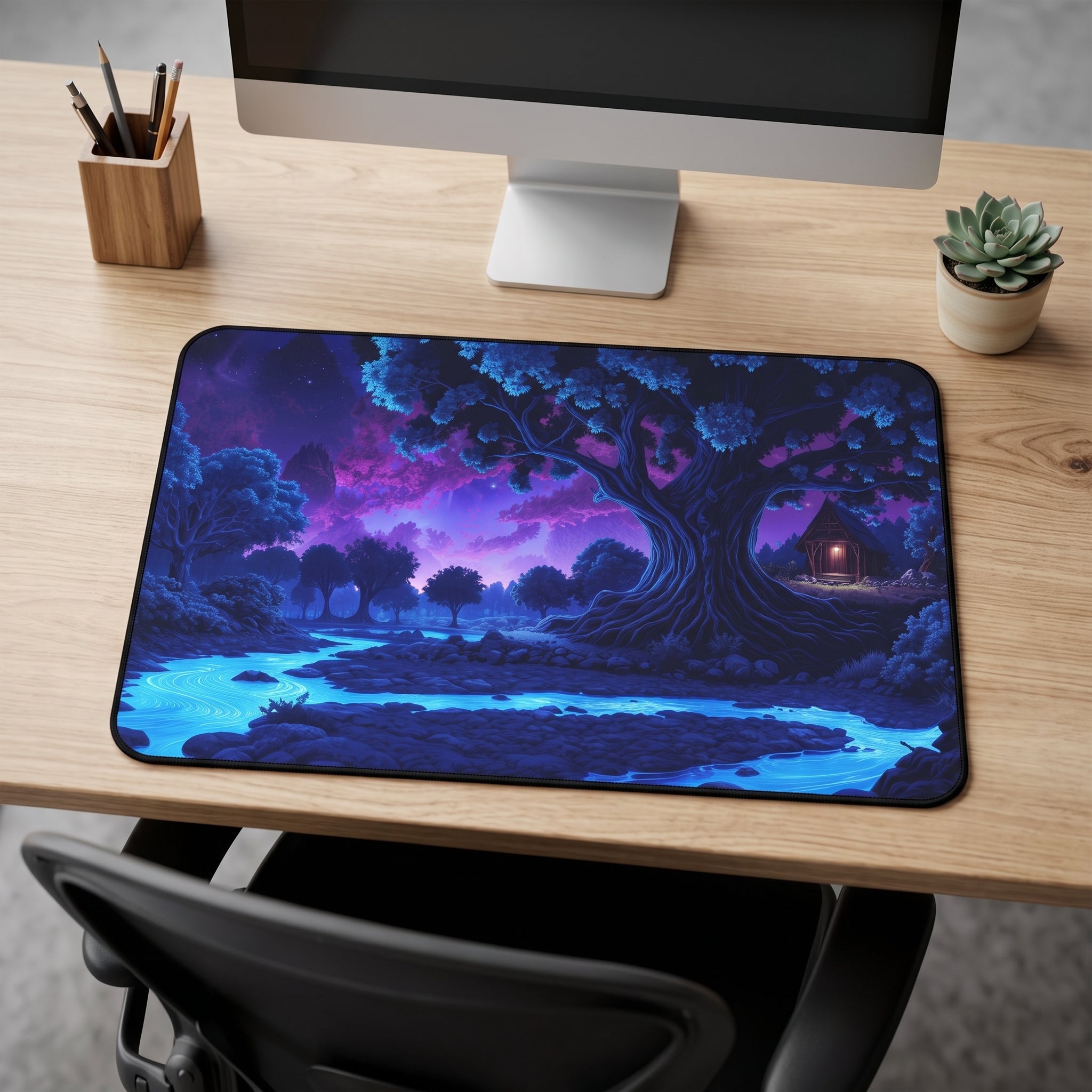 Enchanted Moonlit Forest Desk Mat – Fantasy Nature Art