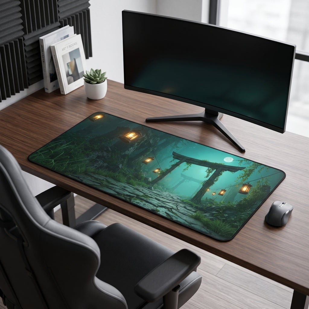 Moonlit Torii Gate Desk Mat – Japanese Landscape Art