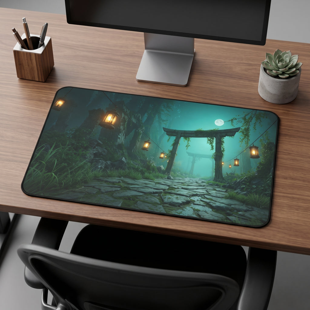 Moonlit Torii Gate Desk Mat – Japanese Landscape Art