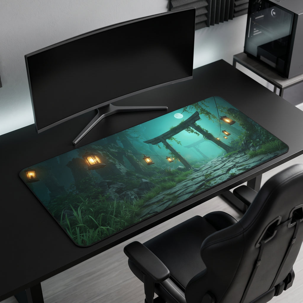 Moonlit Torii Gate Desk Mat – Japanese Landscape Art