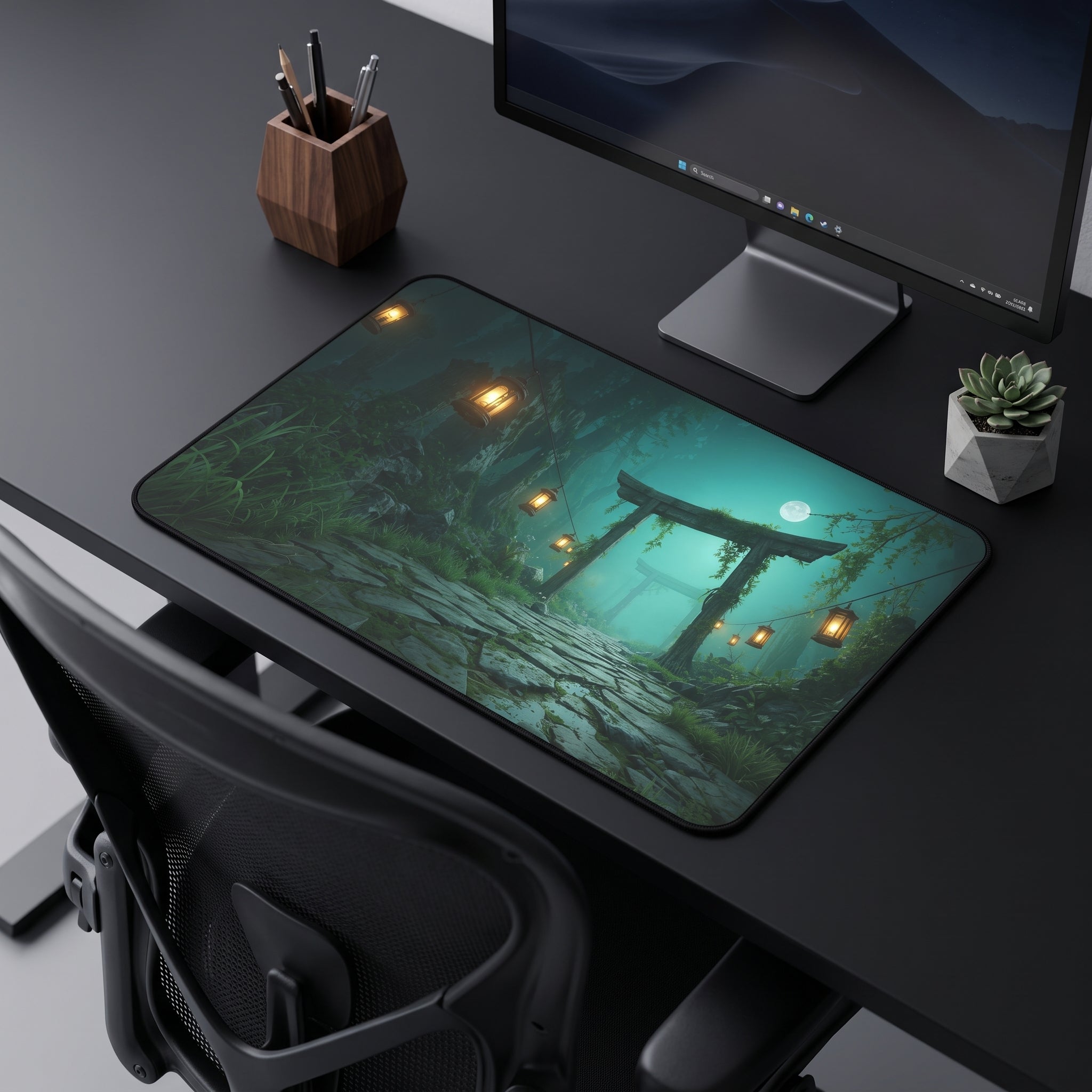 Moonlit Torii Gate Desk Mat – Japanese Landscape Art