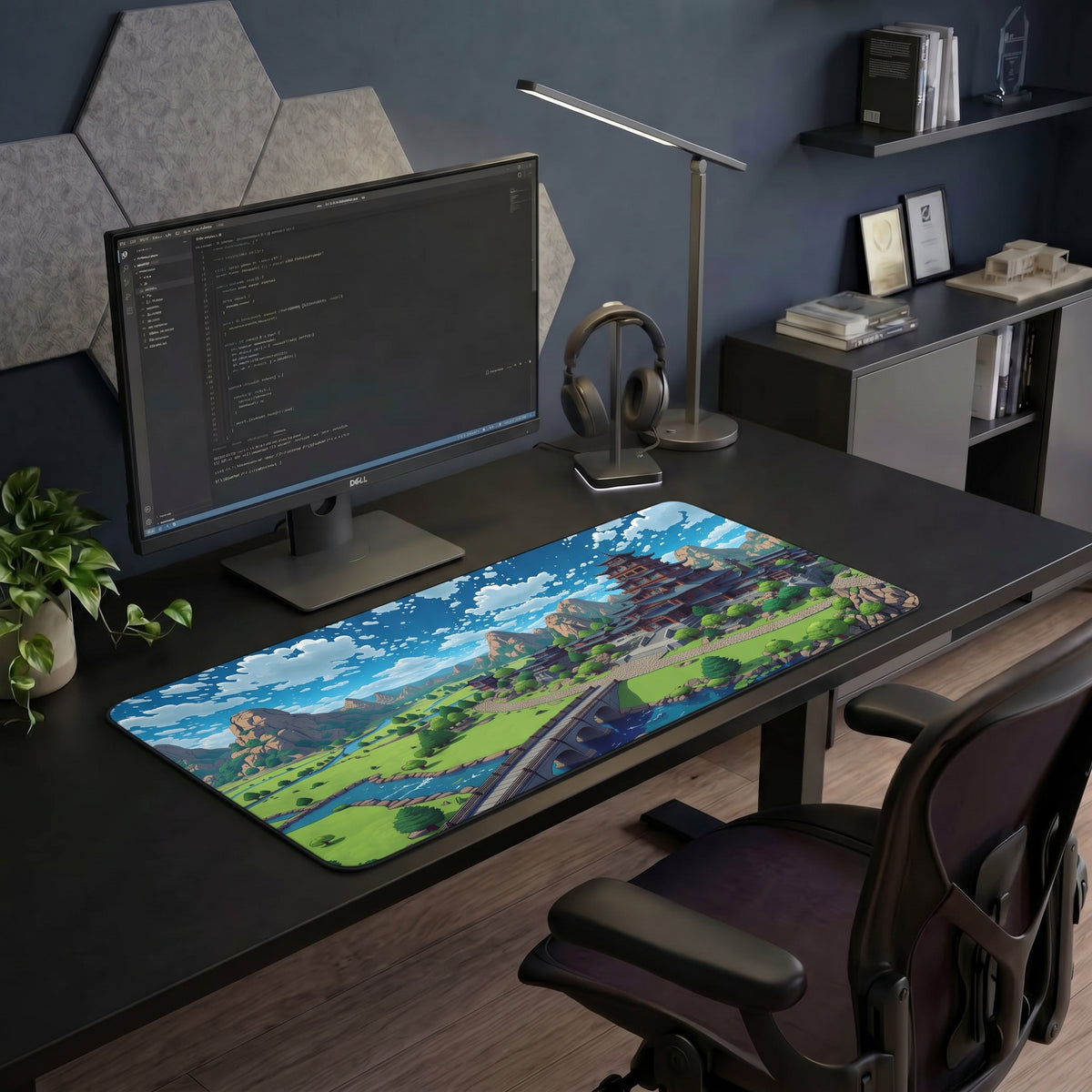 Scenic Asian Pagoda Landscape Desk Mat | Fantasy Mountain Village Mouse Pad