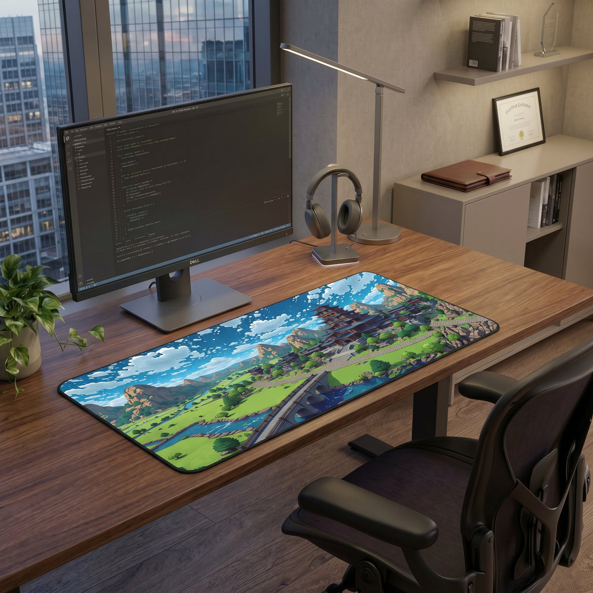 Scenic Asian Pagoda Landscape Desk Mat | Fantasy Mountain Village Mouse Pad
