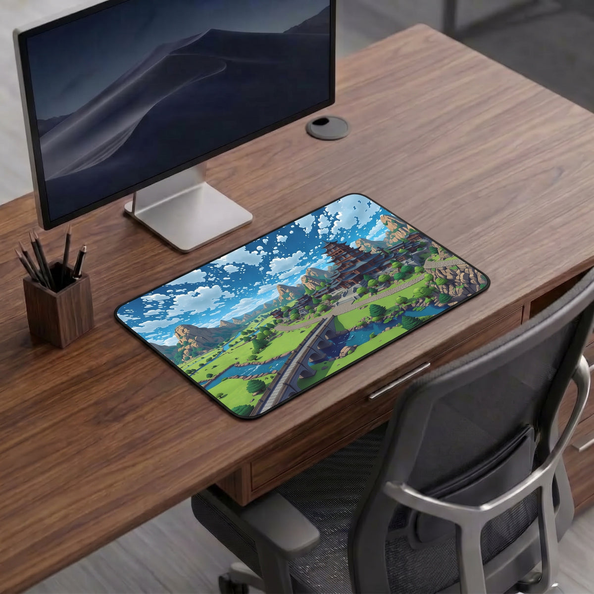 Scenic Asian Pagoda Landscape Desk Mat | Fantasy Mountain Village Mouse Pad