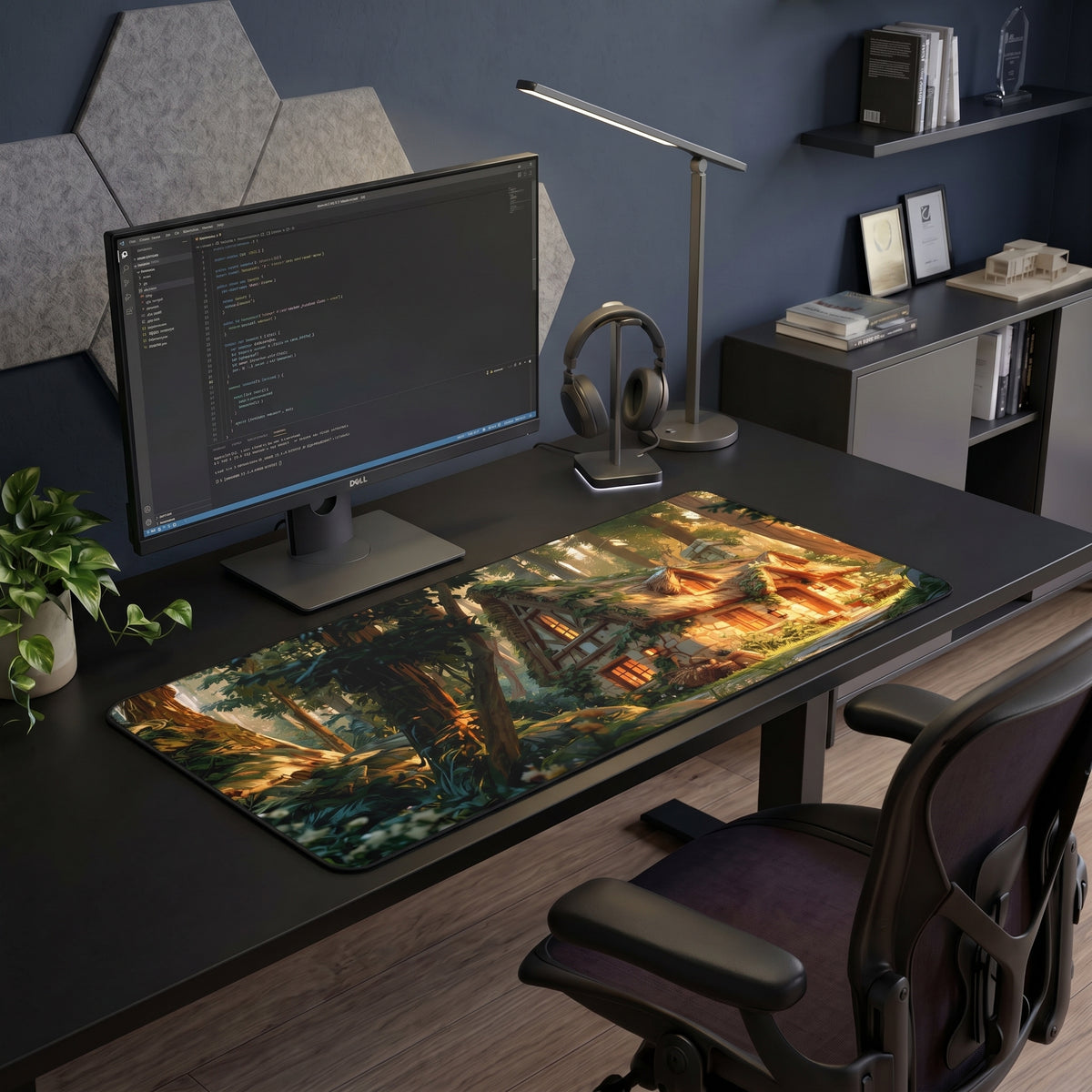 Cozy Forest Cottage Gaming Desk Mat – Woodland Home Office Large Mousepad