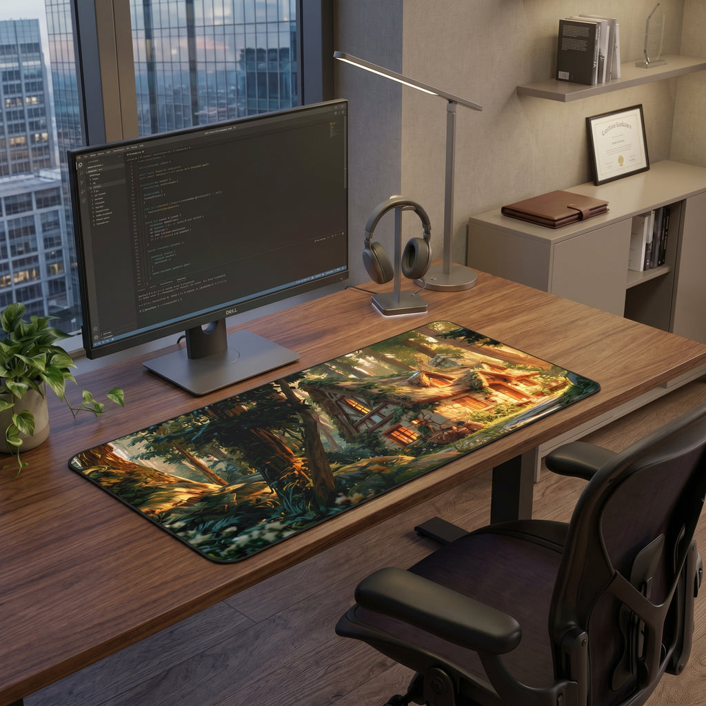 Cozy Forest Cottage Gaming Desk Mat – Woodland Home Office Large Mousepad