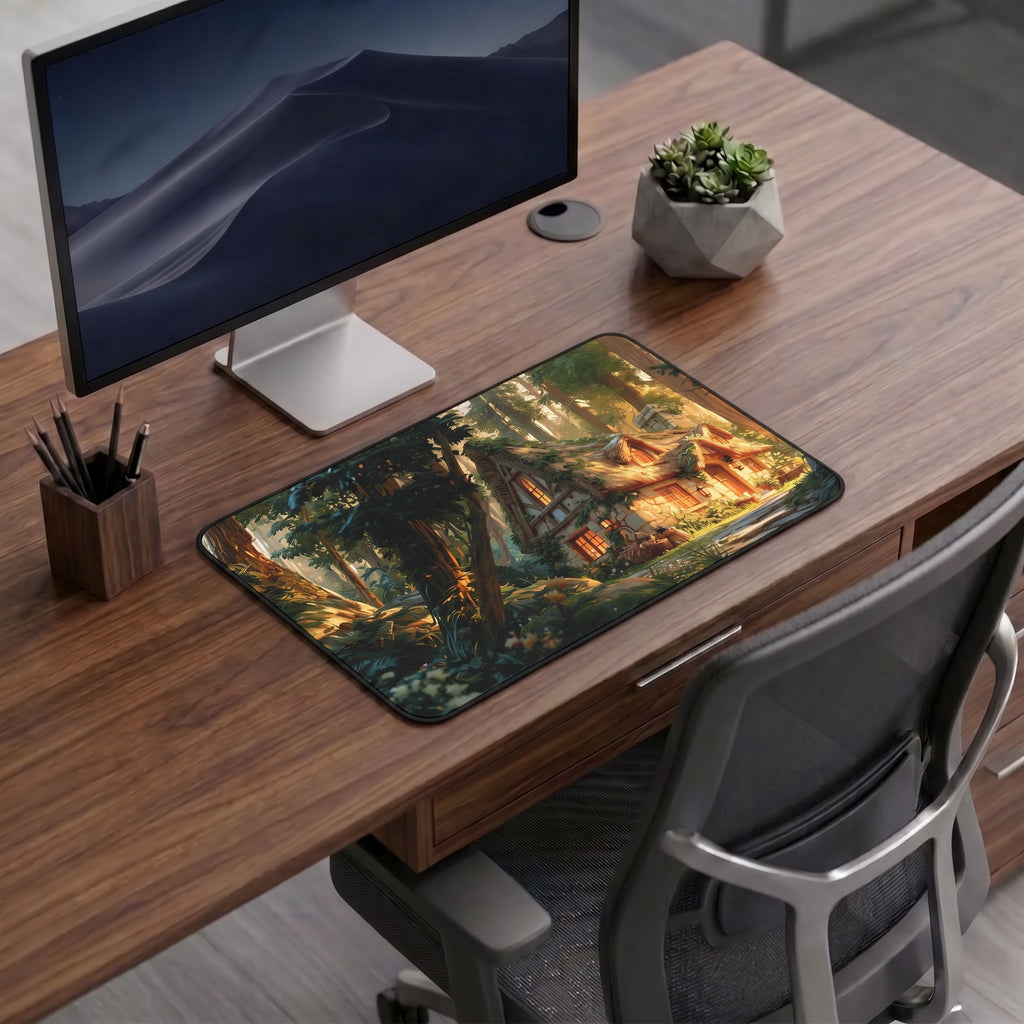 Cozy Forest Cottage Gaming Desk Mat – Woodland Home Office Large Mousepad