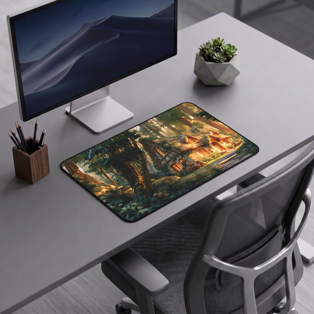 Cozy Forest Cottage Gaming Desk Mat – Woodland Home Office Large Mousepad