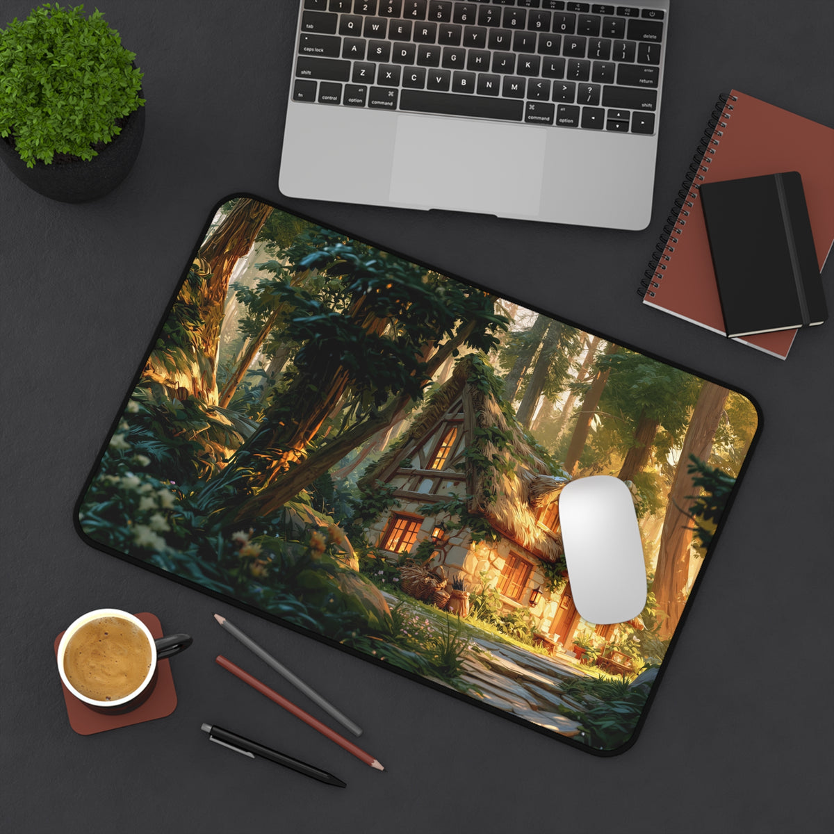 Cozy Forest Cottage Gaming Desk Mat – Woodland Home Office Large Mousepad