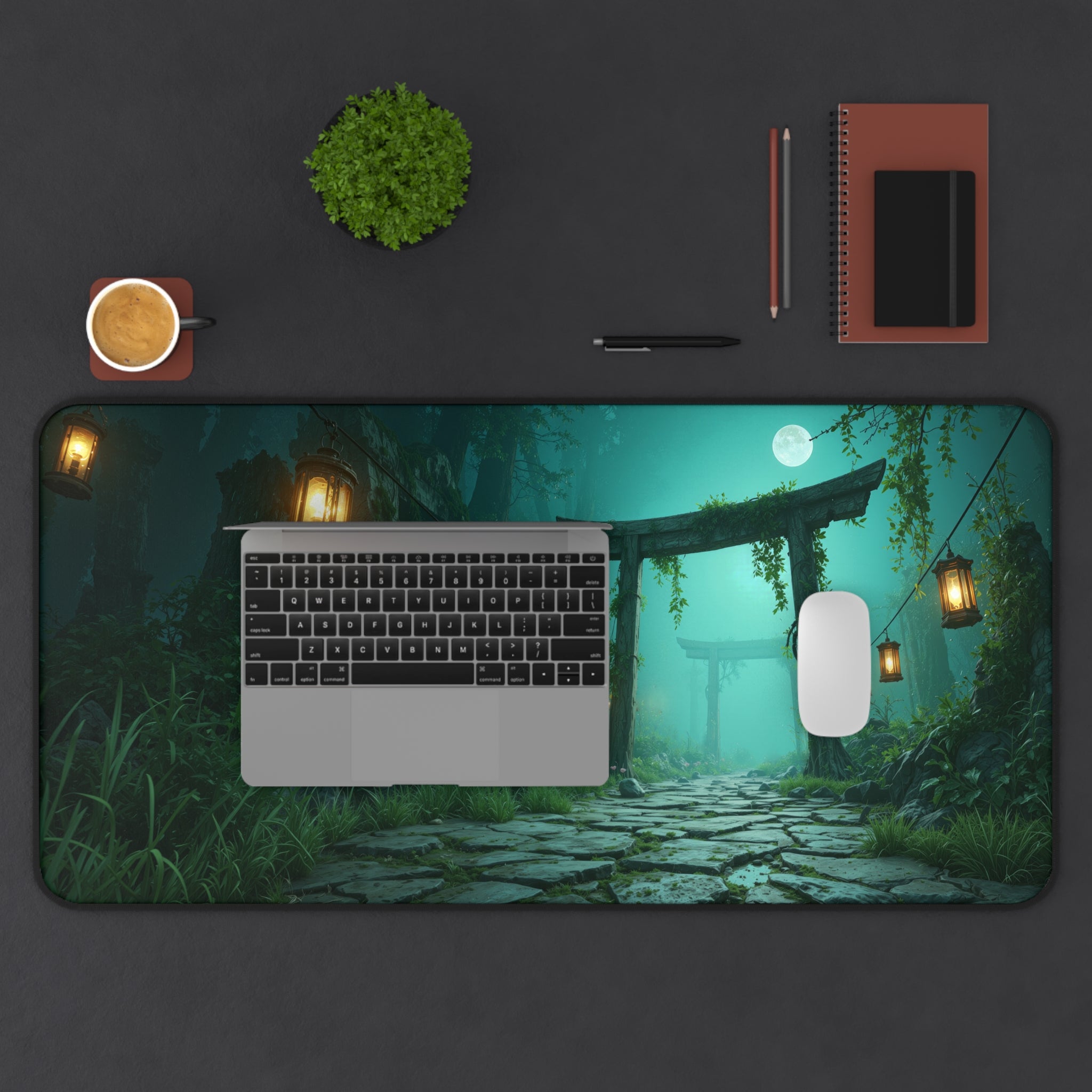 Moonlit Torii Gate Desk Mat – Japanese Landscape Art