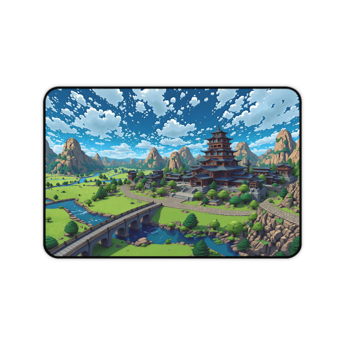 Scenic Asian Pagoda Landscape Desk Mat | Fantasy Mountain Village Mouse Pad
