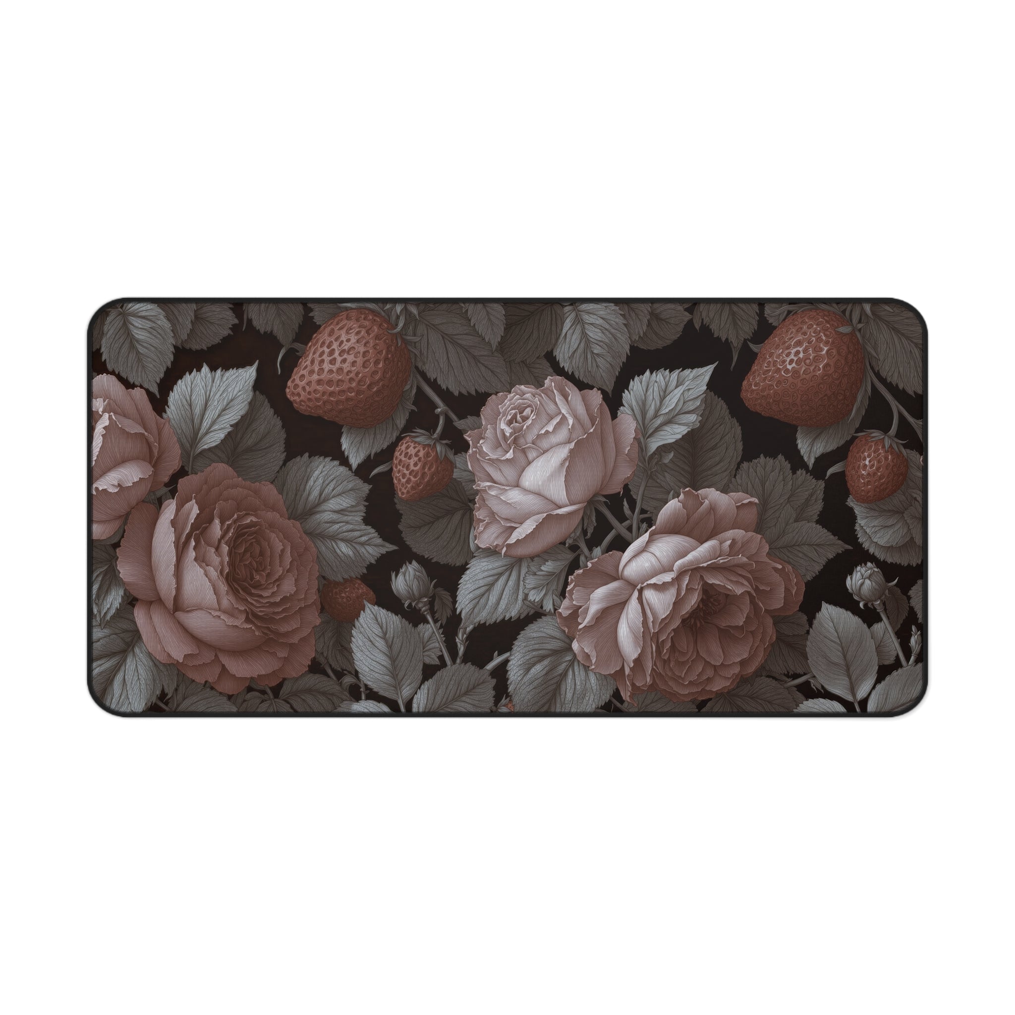 Cottagecore Strawberries & Rose Desk Mat – Vintage Floral Art